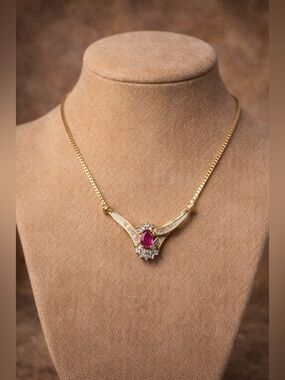 Vintage Italian ADL 10k Gold Ruby & Baguette Diamond Designer Necklace 4.3 grams